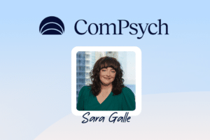 single female speaker on a blue background with ComPsych logo