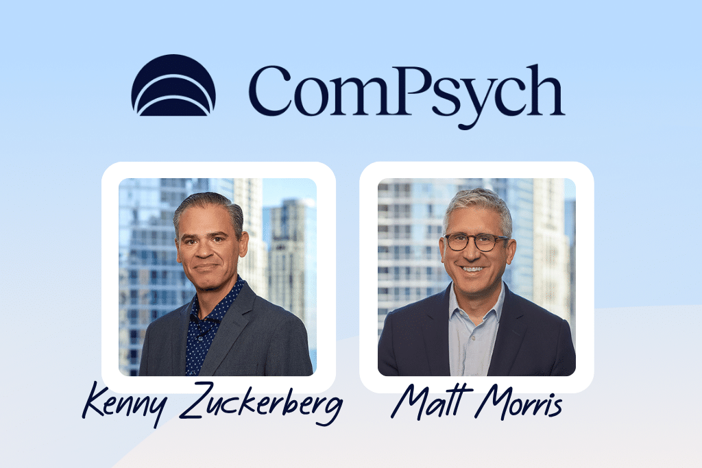 two male speakers on a blue background with ComPsych logo
