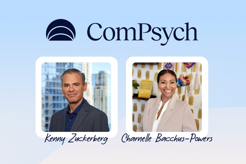 two speakers on a blue image with ComPsych logo